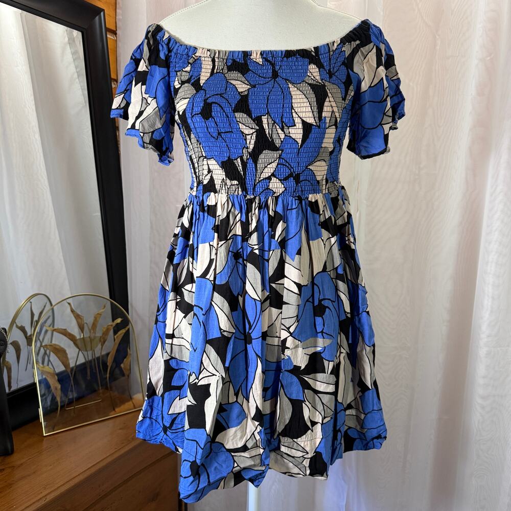 Free People Louise Smocked Mini Dress Blue Floral Off Shoulder Boho Size Small